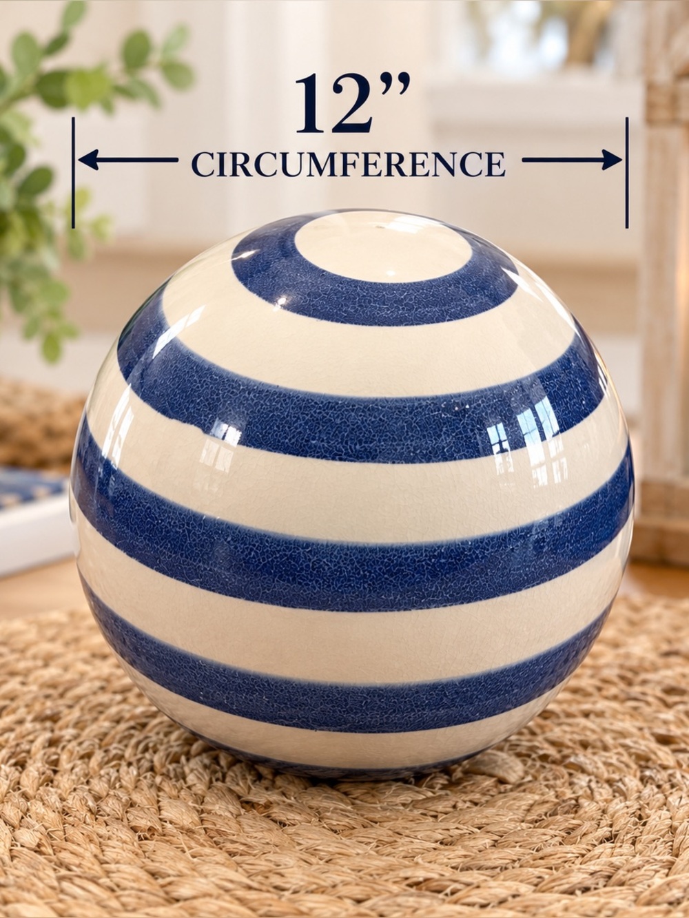 Decorative Blue and White Striped Ceramic Sphere.
